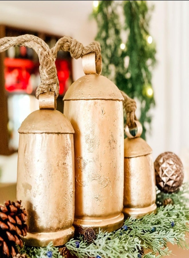 THOR INSTRUMENTS Large Vintage Gold Cow Bells for Rustic Christmas Decor Hanging Bells on Rope Set of 3 Harmony Cow Bells Vintage Handmade Rustic Lucky (Set of 3, 4,6,8 inches) - Image 4